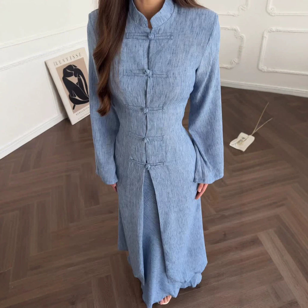 Chinese Frog Button Stand Collar Top & Wide-Leg Maxi Skirt Co-ord Set(MS483)