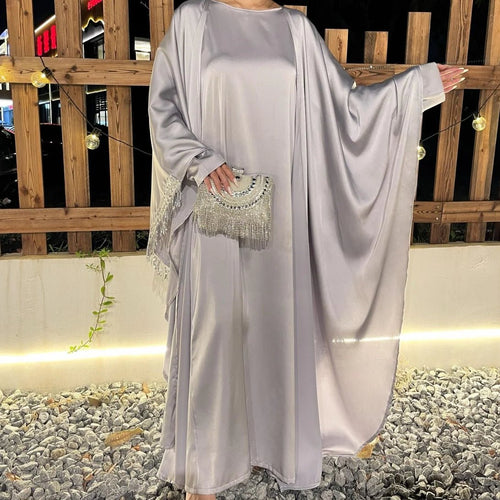Archive Piece Lace Trimmed Fringed Butterfly Satin Open Abaya 2-Piece Set - MP041 (Size S Only)