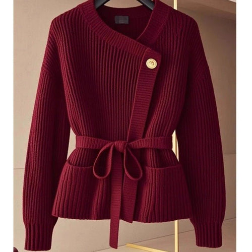 Asymmetric Belted Knit Cardigan | Korean Style Button-Front Sweater(MS201)