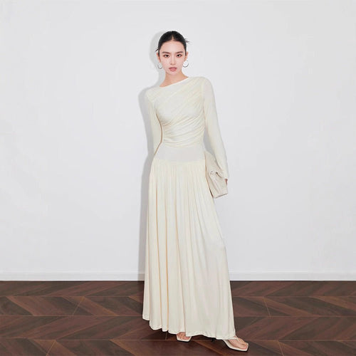 Asymmetric Ruched Knit Dress with Pleated Skirt (MS343)