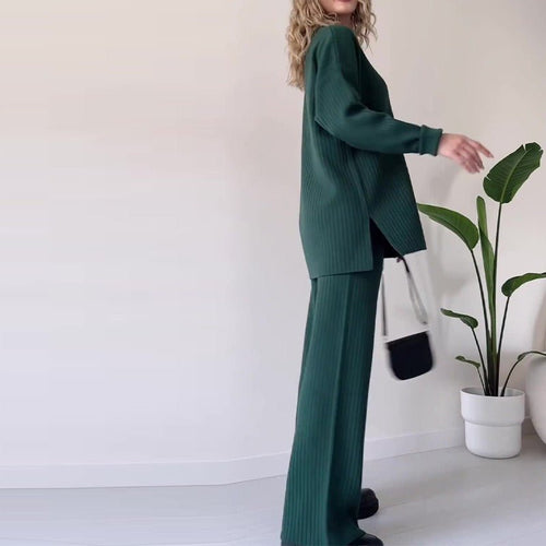 Autumn Winter Knit Two-Piece Set | Button-Up Collar Top & Elastic Waist Pants(MS125)