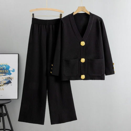 Autumn-Winter Knit V-Neck Gold Button Cardigan Two-Piece Set (MS089)