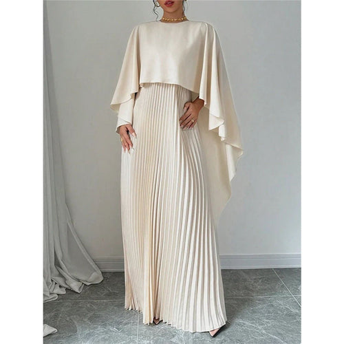 Bat Sleeve Pleated Maxi Dress | Cream White Cape Dress with Dramatic Bell Sleeves (MA241)