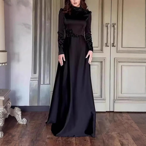 Beaded Satin Evening Gown | High Neck Long Sleeve Maxi Dress(MA348)