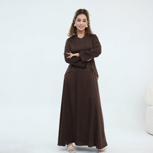 Beaded-Waist Corset-Back Flared-Sleeve Maxi Dress(MS476)