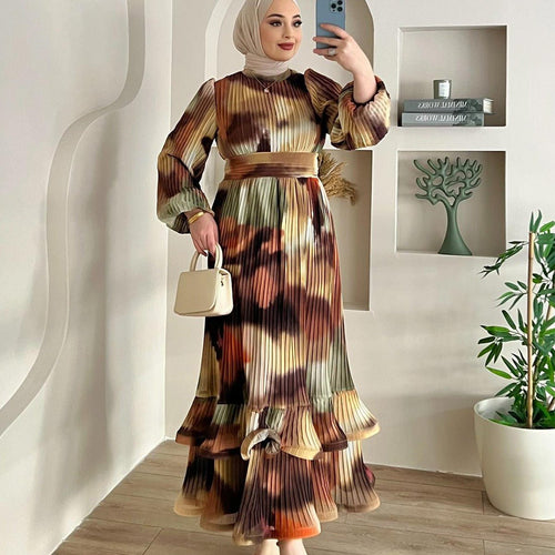 Bohemian Earth-Tone Maxi Dress Long Sleeve Crew Neck Pleated Dress (MA237)