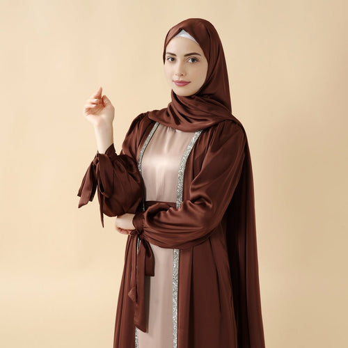 Bow Tie Sleeve Abaya Set With Long-sleeve Inner Dress (MOA026)