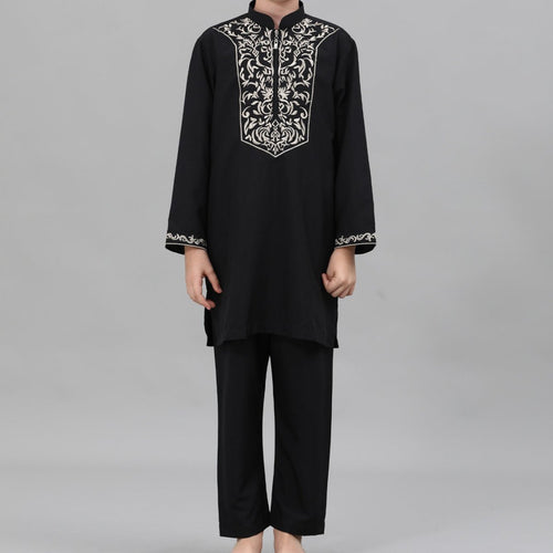 Boys Black Embroidered Tunic & Pants Set (MKB021)