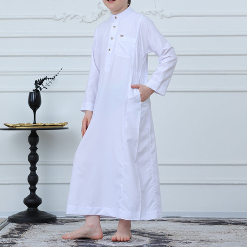 Boys' Classic White Thobe with Stand Collar(MKB027)