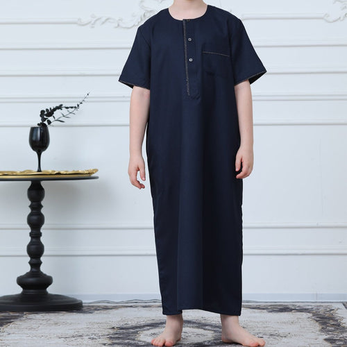 Boys Navy Short Sleeve Thobe with Chest Pocket (MKB022)