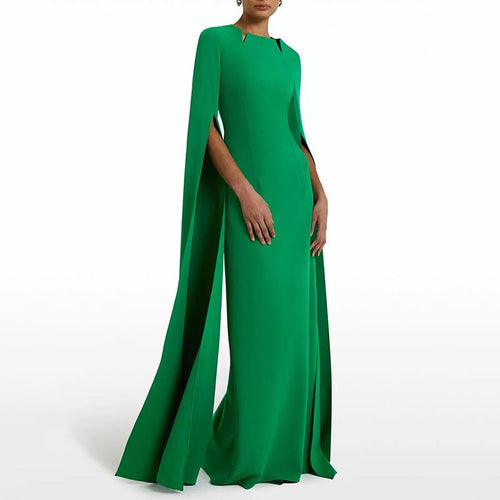 Cape Sleeve Evening Gown | Scalloped Neck Fitted Maxi Dress with Back Slit(MS217)