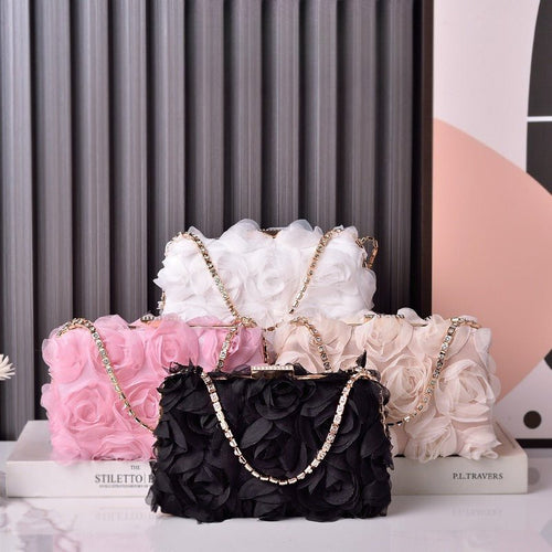Chiffon Rose Evening Bag | Floral Clutch with Crystal Chain Strap (MAC355)