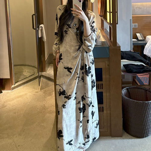Chinese Style Jacquard & Print Maxi Wrap Dress(MS424)