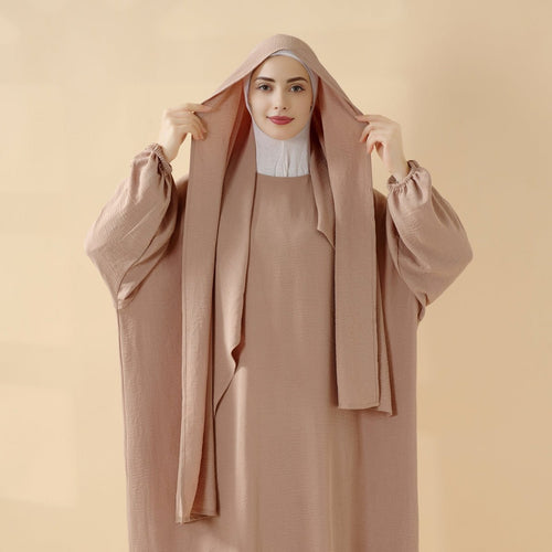 Cocoon-Cut Crepe Abaya Perfect For Umrah With One-Piece Hijab Attached (MA143)