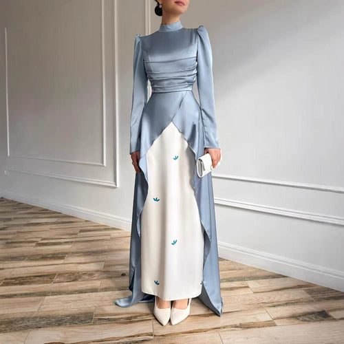 Colorblock Satin Evening Gown with Train(MA351)