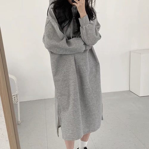 Cozy Hooded Pullover Maxi Dress | Mid-Length Fleece Lined Dress with Side Slits(MS137)