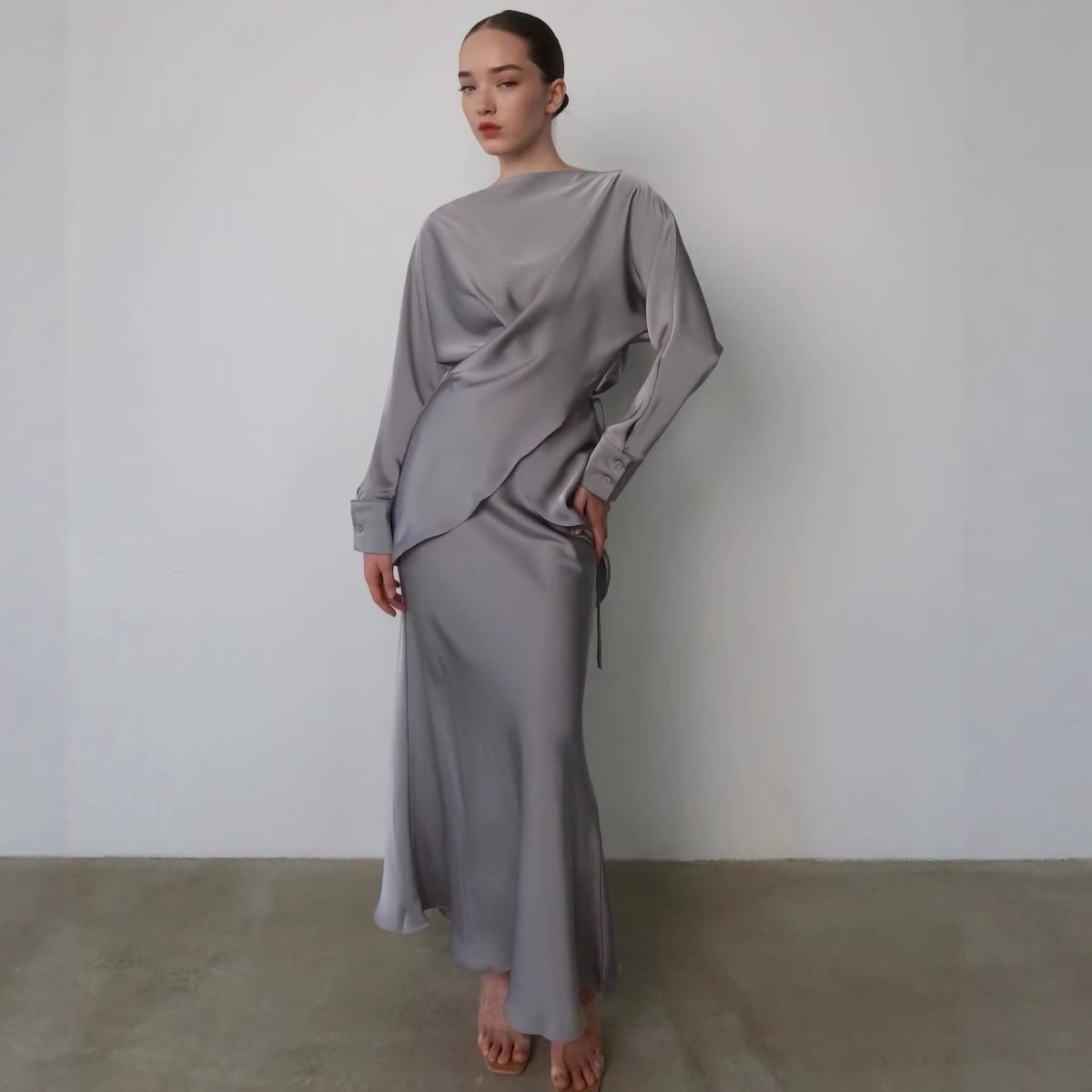 Draped Wrap Top & Maxi Skirt Set(MS333)