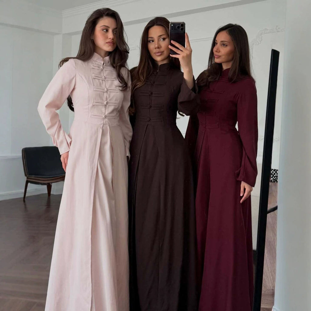 Chinese Frog Button Stand Collar Top & Wide-Leg Maxi Skirt Co-ord Set(MS483)