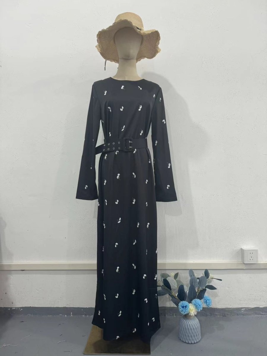 Elegant Long-Sleeve Floral Slim-Fit A-Line Dress with Ruffles & Belt(MA203)