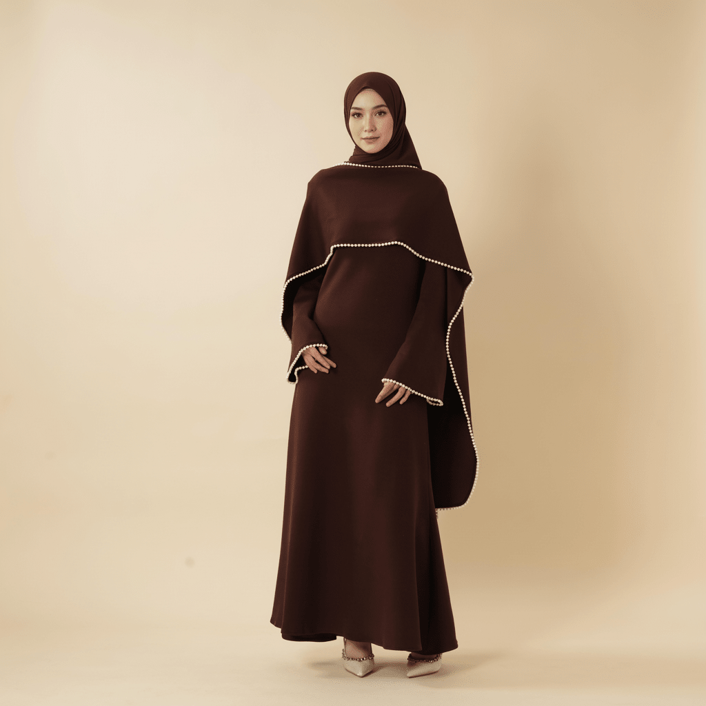 Elegant Pearl Embellished Cape Sleeve Evening Dress(MA337)
