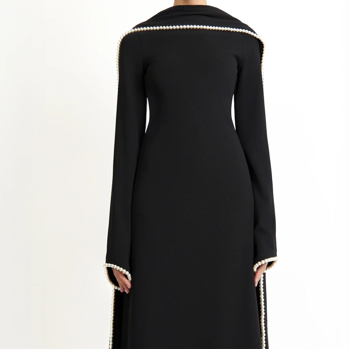 Elegant Pearl Embellished Cape Sleeve Evening Dress(MA337)