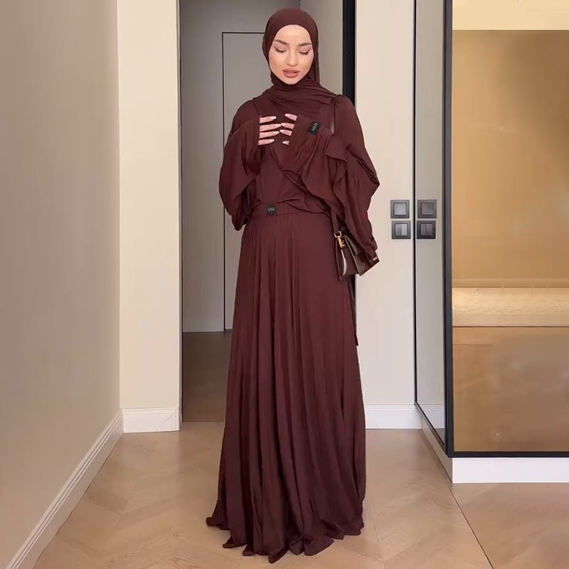 Elegant Solid Color Two-Piece Set | Side Slit Long Sleeve Top &  Pleated Skirt(MS135)