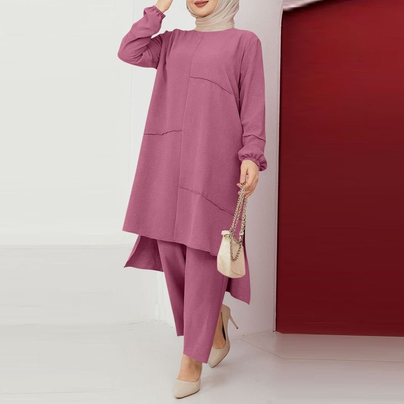 Elegant Sportswear Two-Piece Set | Modest Muslim Athleisure Bubble Sleeve Top & Wide Leg Pants (MS101)