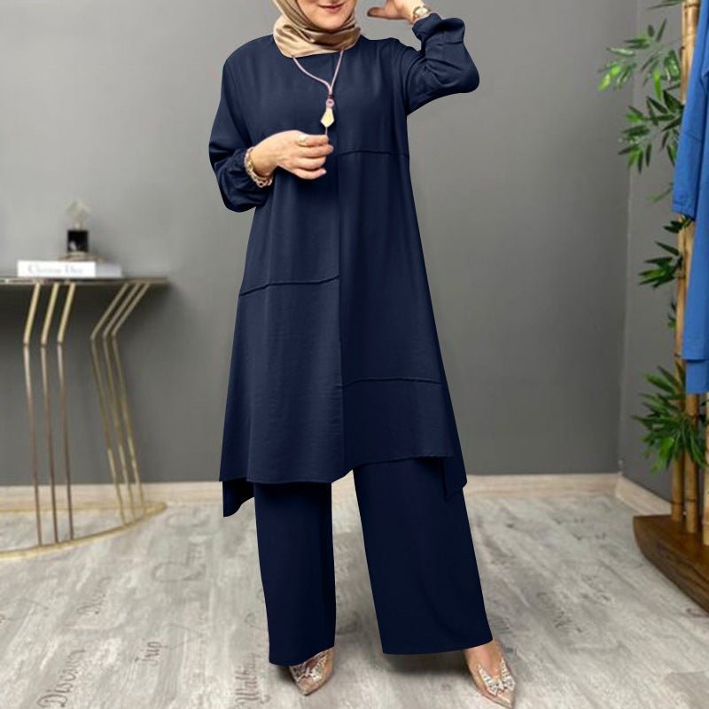 Elegant Sportswear Two-Piece Set | Modest Muslim Athleisure Bubble Sleeve Top & Wide Leg Pants (MS101)