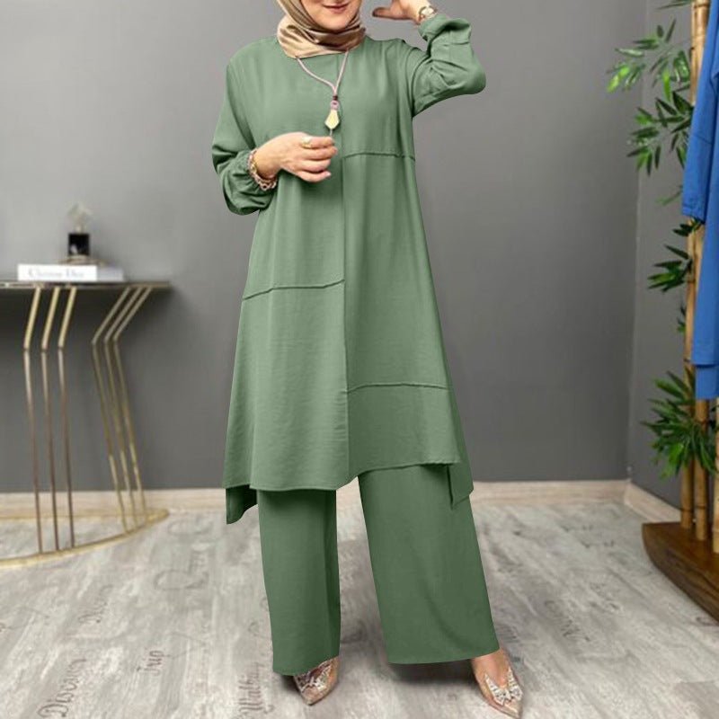 Elegant Sportswear Two-Piece Set | Modest Muslim Athleisure Bubble Sleeve Top & Wide Leg Pants (MS101)