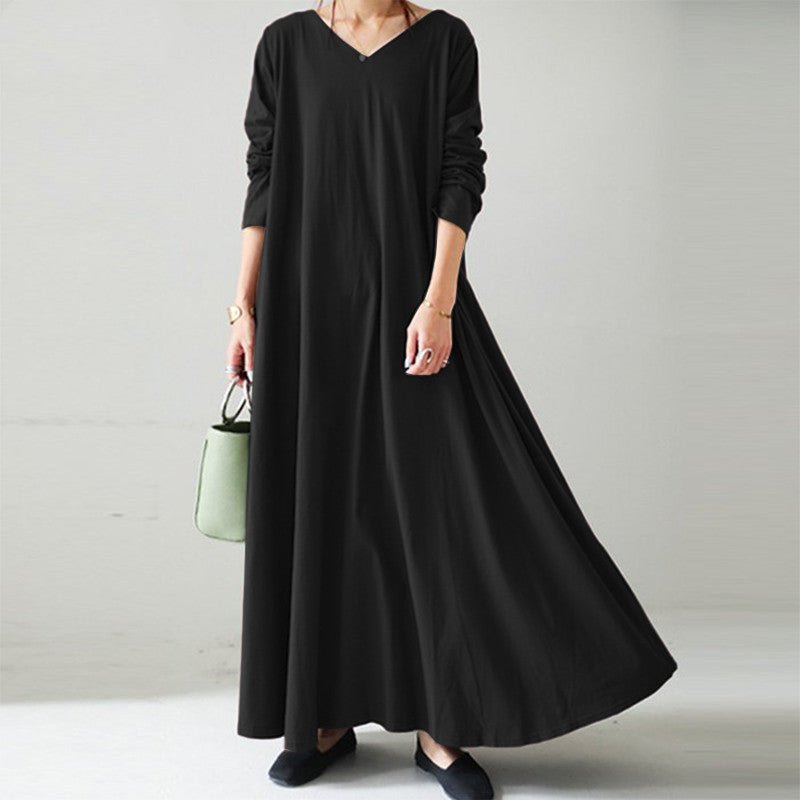Elegant V-Neck Long Sleeve Maxi Dress | Loose Fit Dress with Hidden Pockets(MA314)