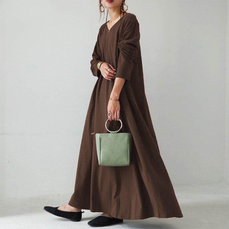 Elegant V-Neck Long Sleeve Maxi Dress | Loose Fit Dress with Hidden Pockets(MA314)