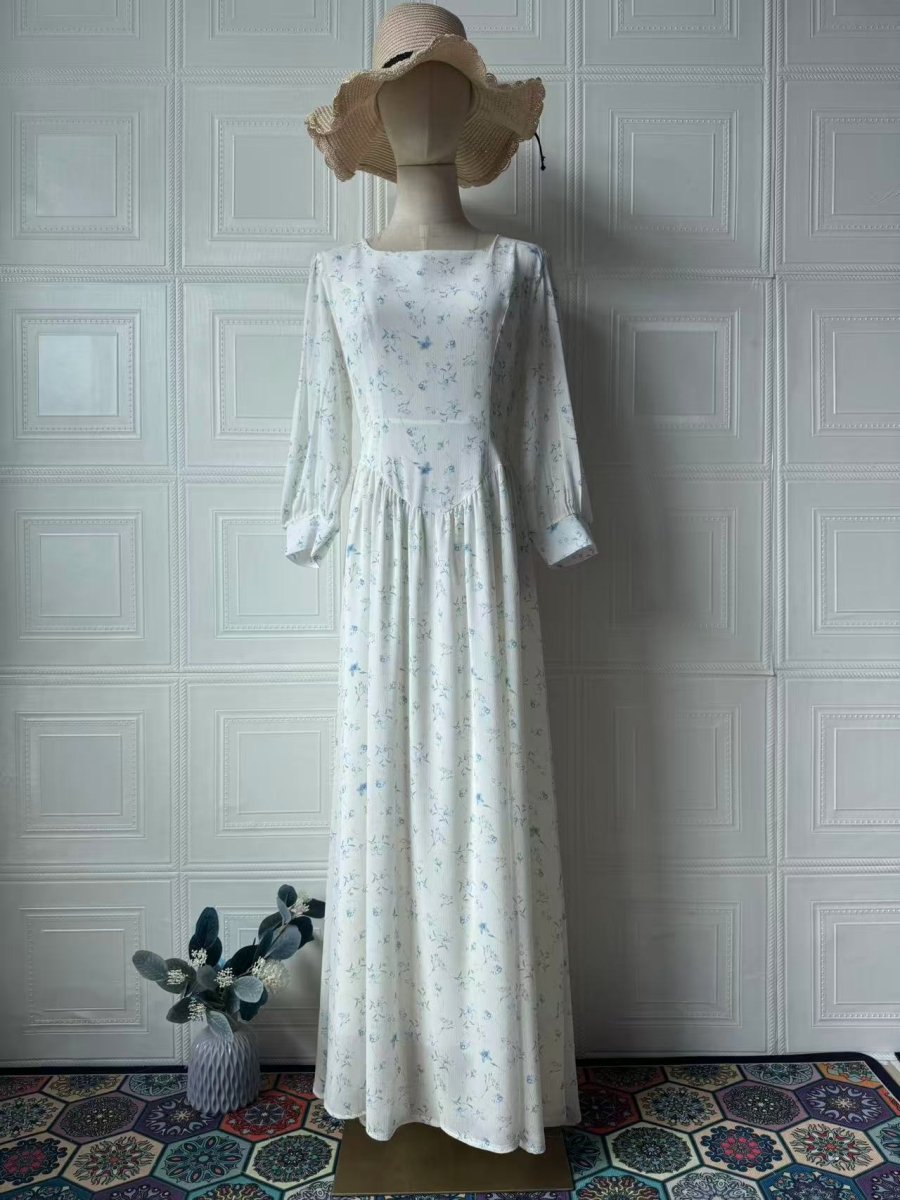 Floral Square Neck Maxi Dress Cottagecore Lace-Up Bustier Dress with Puff Sleeves & Pleated Skirt (MA234)