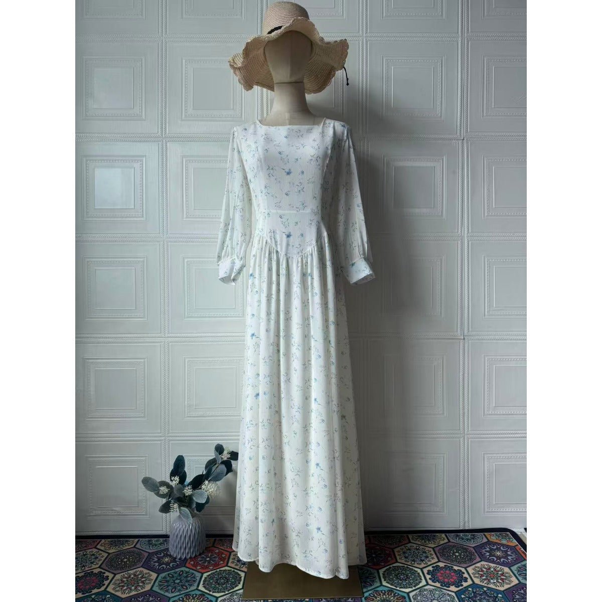 Floral Square Neck Maxi Dress Cottagecore Lace-Up Bustier Dress with Puff Sleeves & Pleated Skirt (MA234)