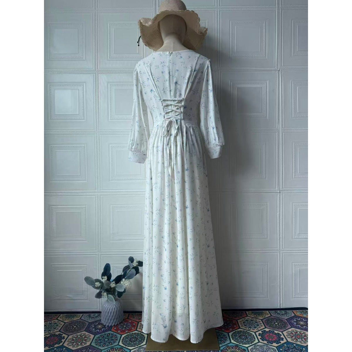 Floral Square Neck Maxi Dress Cottagecore Lace-Up Bustier Dress with Puff Sleeves & Pleated Skirt (MA234)