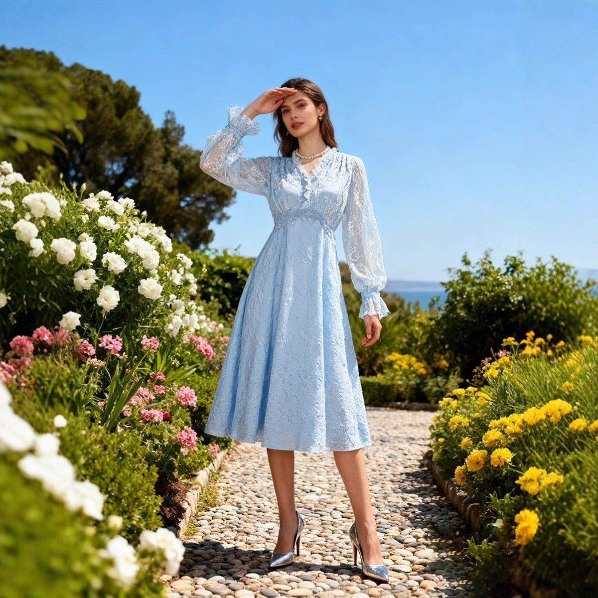 French Lace V-Neck Maxi Dress(MS361)