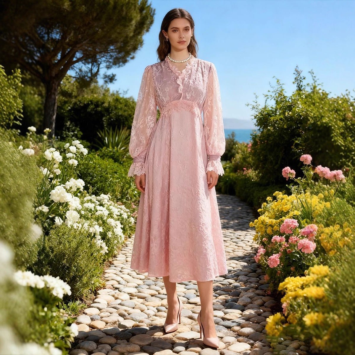 French Lace V-Neck Maxi Dress(MS361)