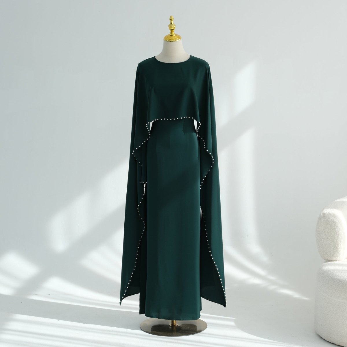 Hand-Beaded Pearl Cape Sleeve Nida Maxi Dress(MS439)