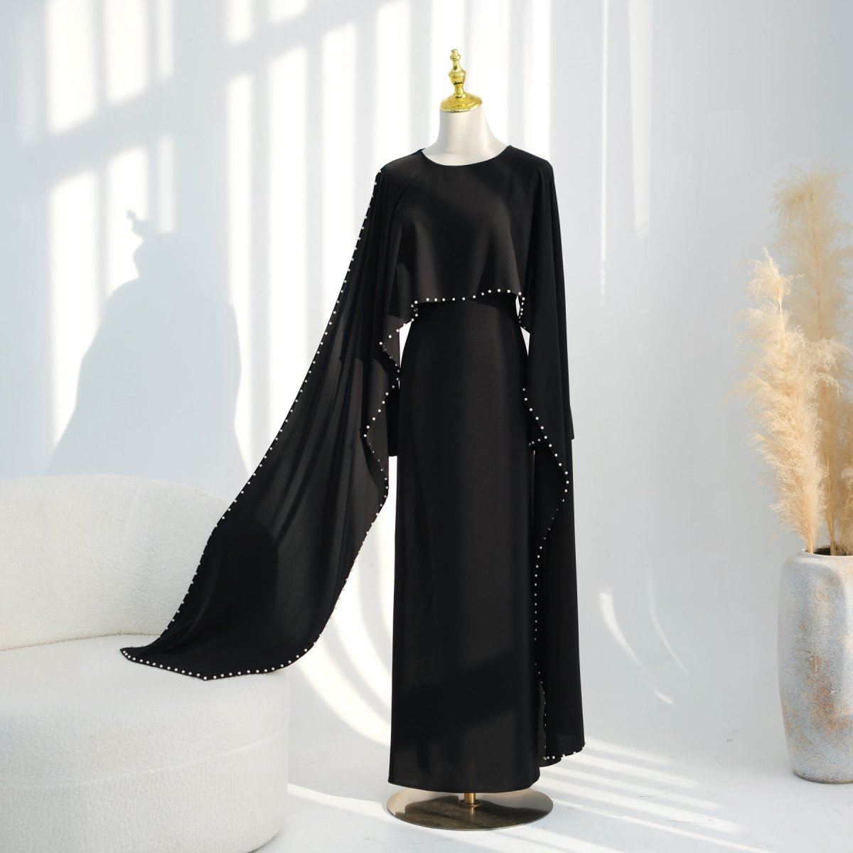 Hand-Beaded Pearl Cape Sleeve Nida Maxi Dress(MS439)