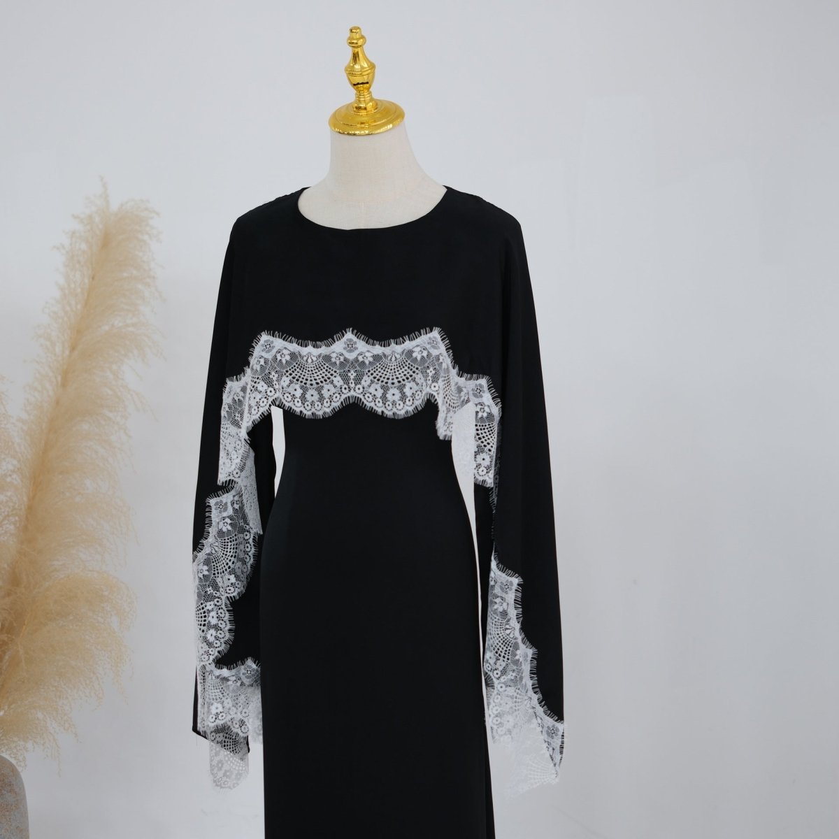 Lace Splice Satin Maxi Dress with Fixed Cape(MS438)