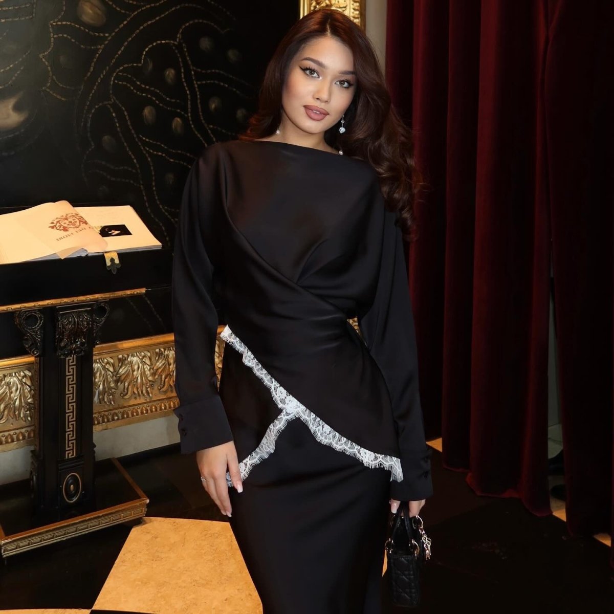 Lace Trim Wrap Top & Maxi Skirt Set (MS390)