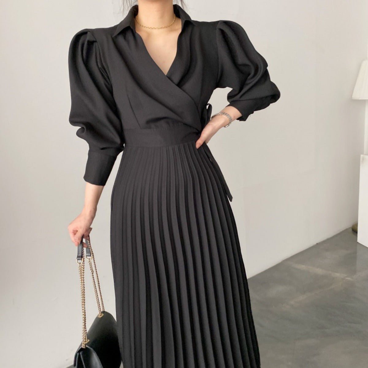 Lapel Bow Tie Waist Dress | Skinny Bubble Sleeve Pleated Midi Dress (MA240)