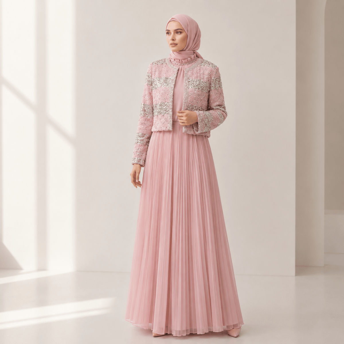 Luxury Pearl Beaded Diamond Grid Jacket & Pleated Dress Set(MS403)