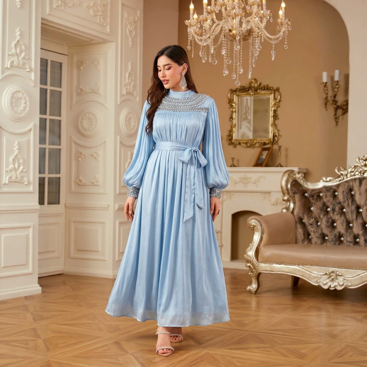 Luxury Rhinestone Collar Maxi Dress(MA440)