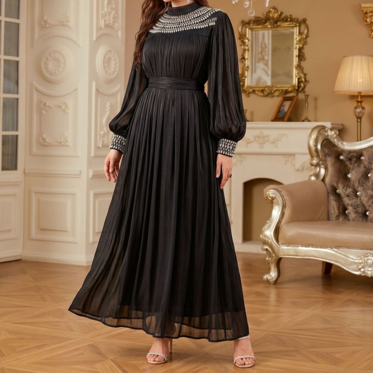 Luxury Rhinestone Collar Maxi Dress(MA440)