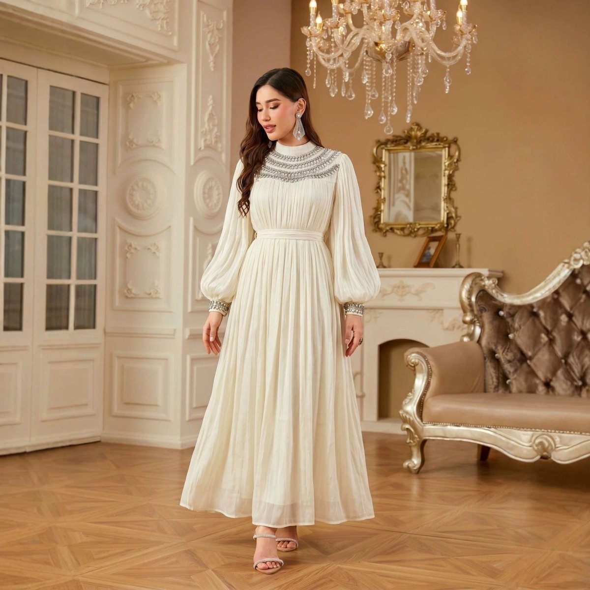 Luxury Rhinestone Collar Maxi Dress(MA440)