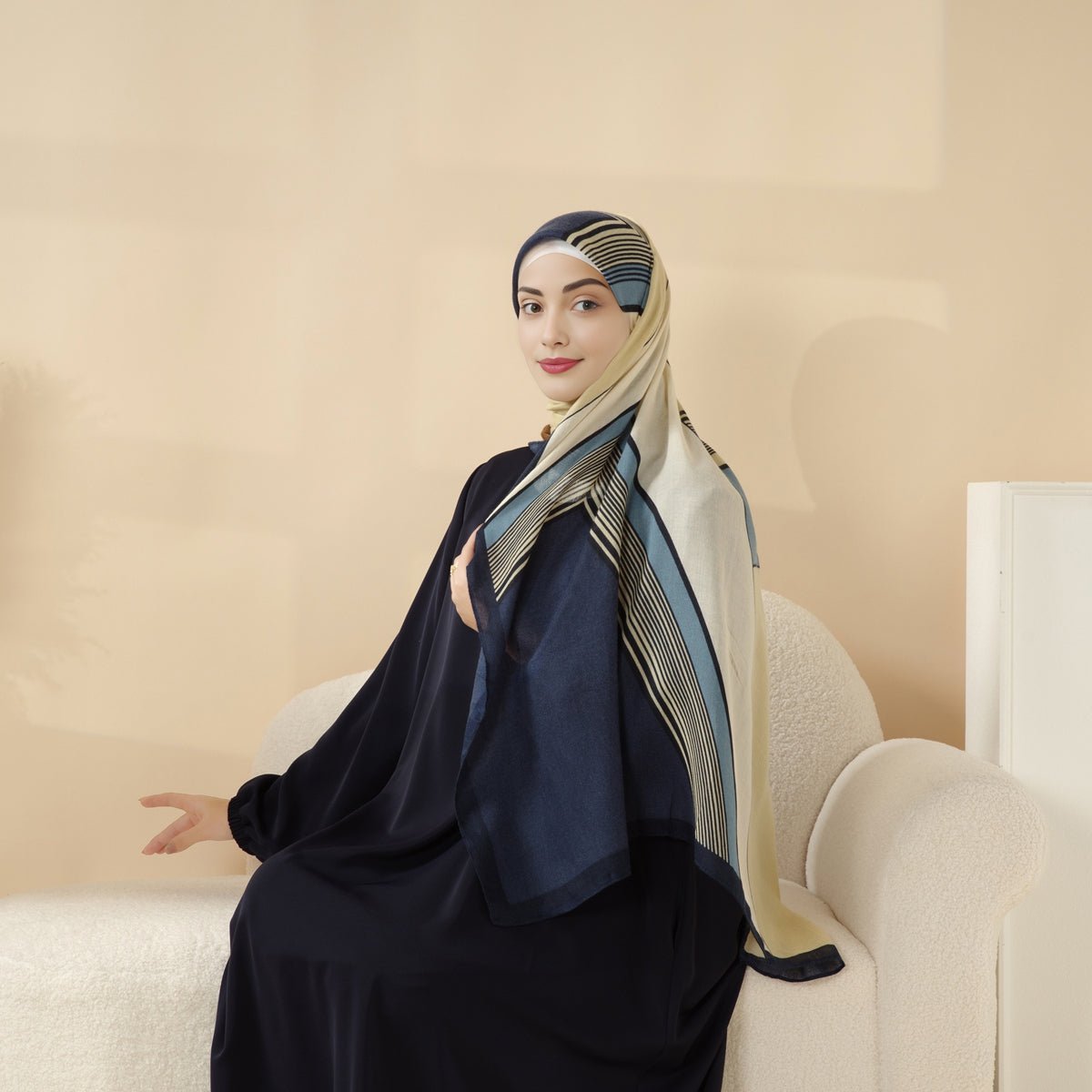 MH095 Printed Colorblock Geometric and Natural Floral Pattern Cotton and Linen Blend Shawl