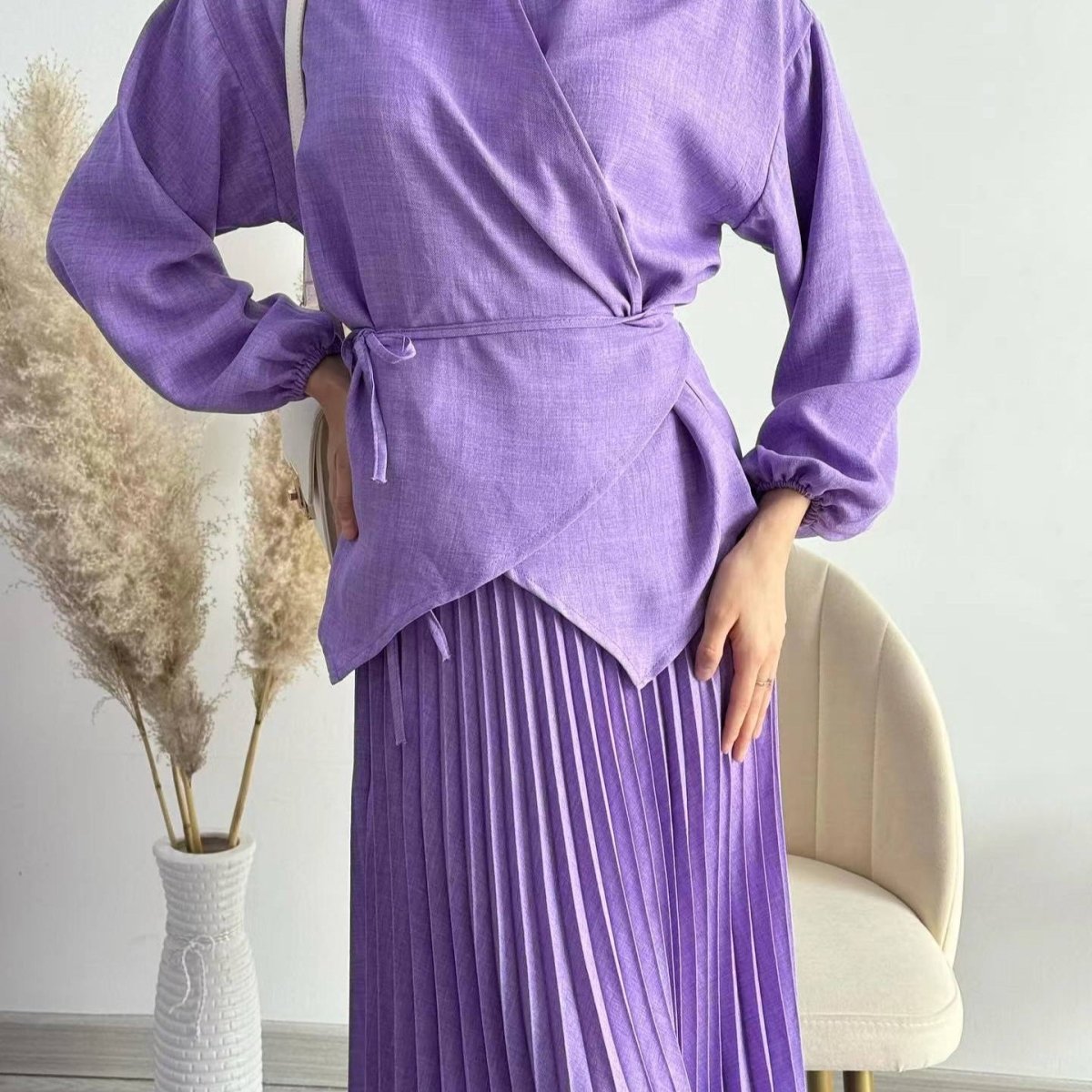 Modest Cross-Wrap Top with Matching Maxi Skirt Pleated Skirt Suit Set (MS092)
