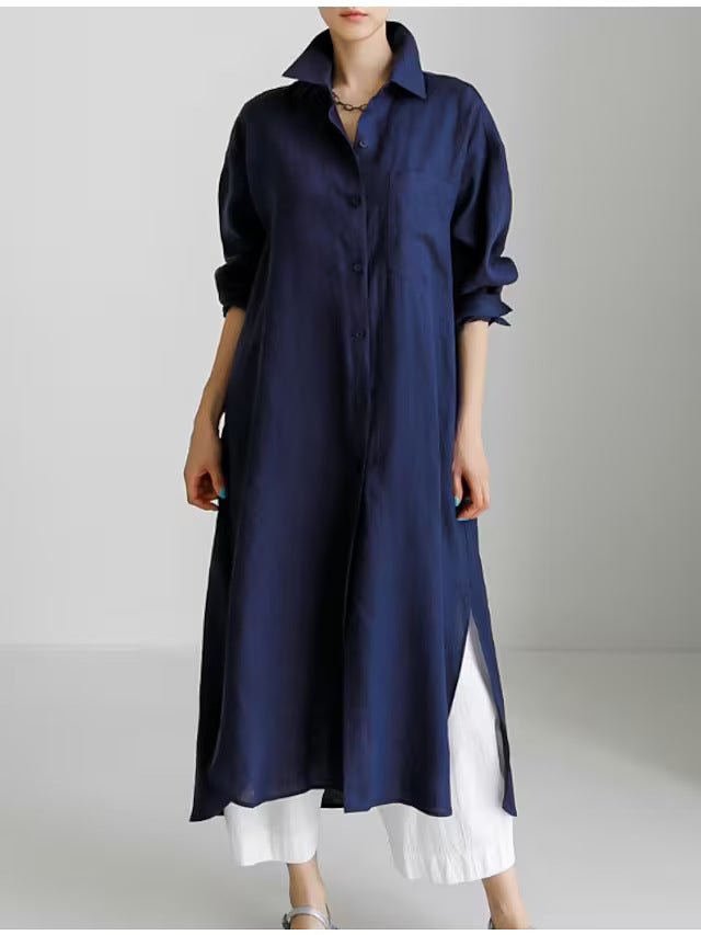 Muslim Casual Elegance Linen-Blend Shirt Dress | Modest Maxi with Button Front & Side Slits (MS096)
