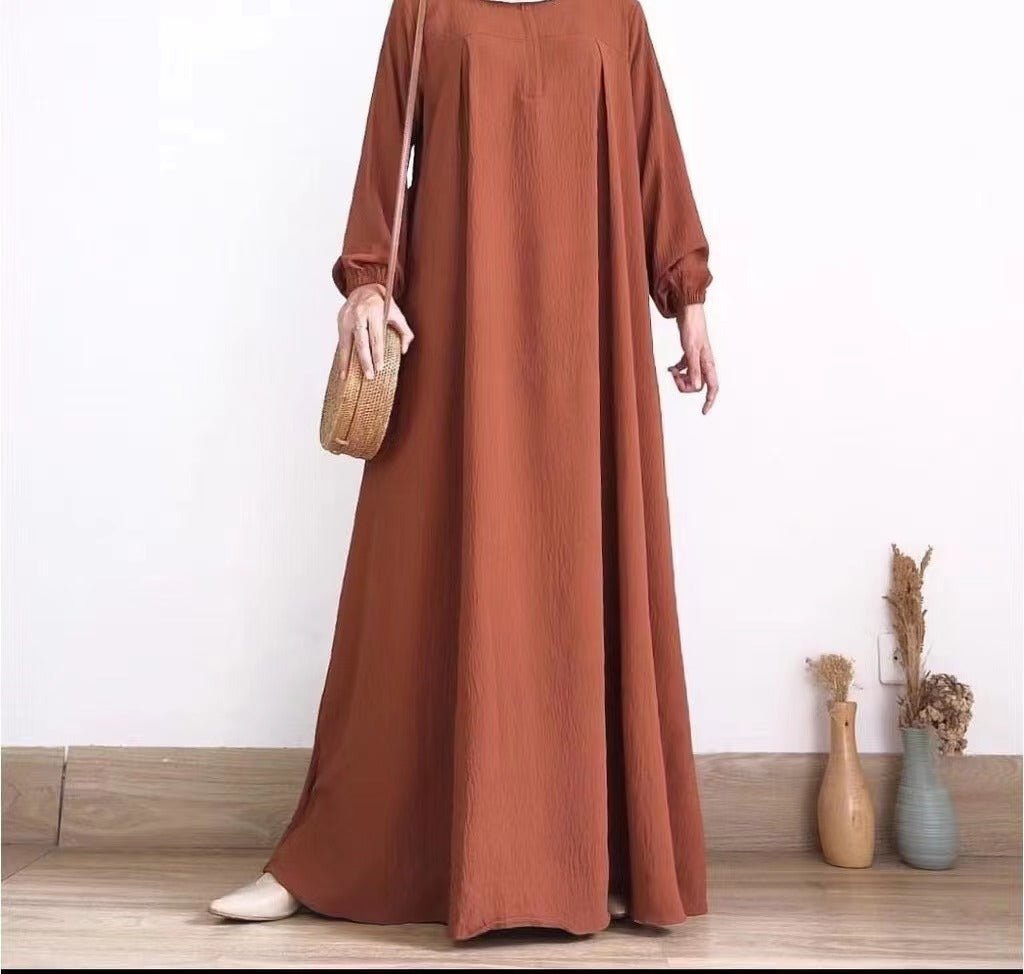 Muslim Luxury Autumn Hues Bubble Sleeve Dress | Modest Robe with Placket Zip (MA255)
