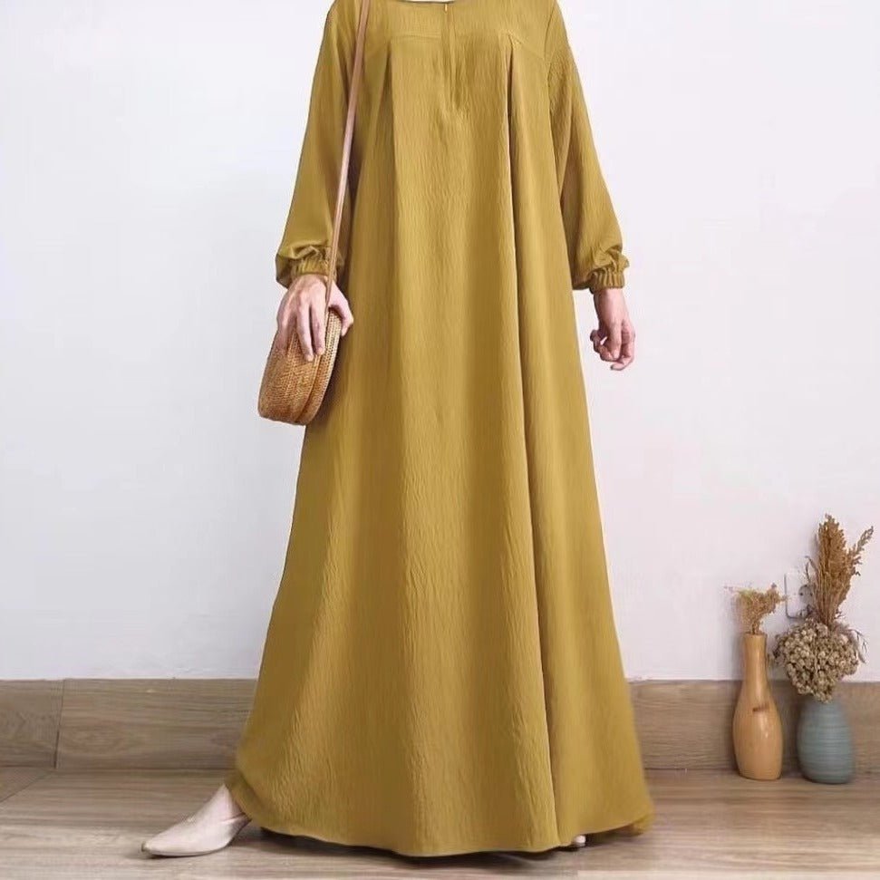 Muslim Luxury Autumn Hues Bubble Sleeve Dress | Modest Robe with Placket Zip (MA255)
